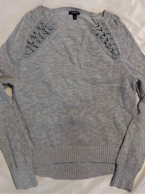 Express Light Gray Knit Sweater with Embroidered Brand Tag